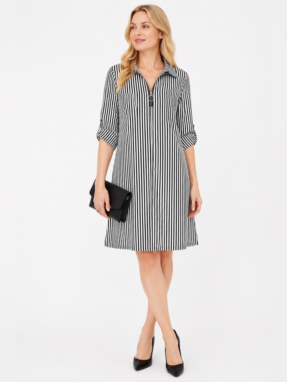 Mlle Gabrielle Black White Striped Zip Front Shirt Dress Size S